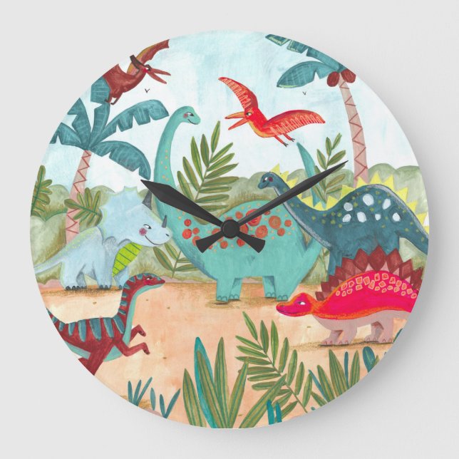 Dinosaur niedliche vorhistorische Dschungelkinder  Große Wanduhr (Vorderseite)