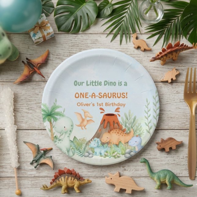Dinosaur One-A-Saurus 1st Birthday  Pappteller (One-A-Saurus Dinosaur 1st Birthday  Paper Plate)