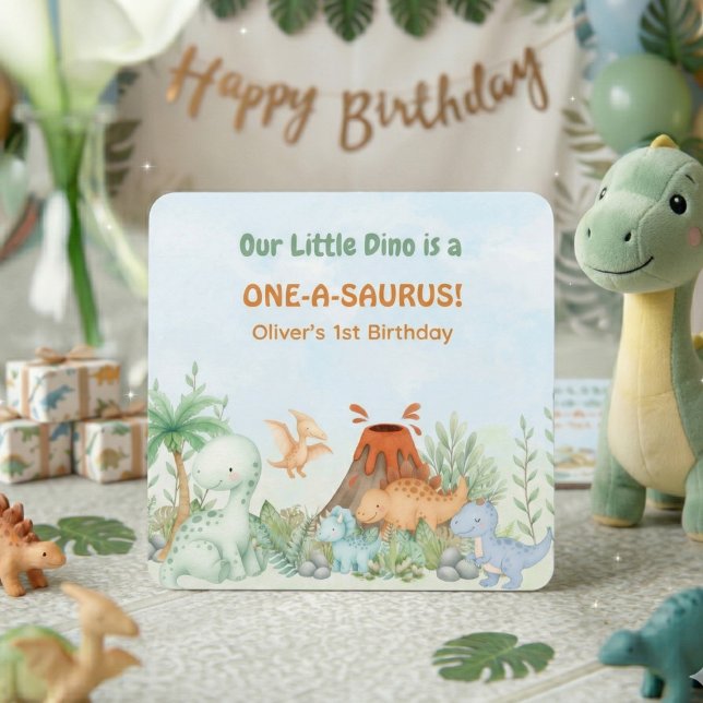 Dinosaur One-A-Saurus 1st Birthday  Rechteckiger Pappuntersetzer (One-A-Saurus Dinosaur 1st Birthday Paper Coaster)