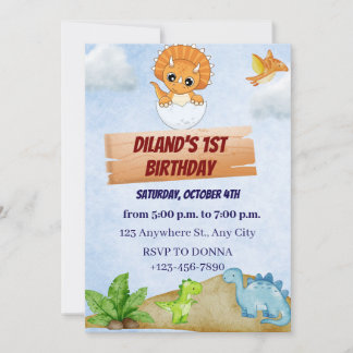 Dinosaur One A-Saurus Boy 1er Invitation anniversa