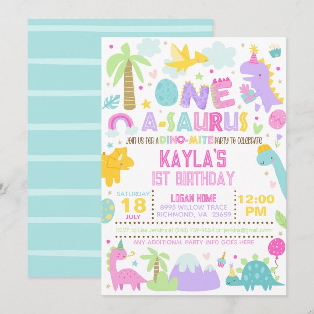 Dinosaur ONE A-Saurus Einladung zum 1. Geburtstag (Vorne/Hinten)