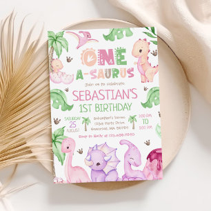 Dinosaur One-A-Saurus Girl 1. Geburtstags-Party Einladung