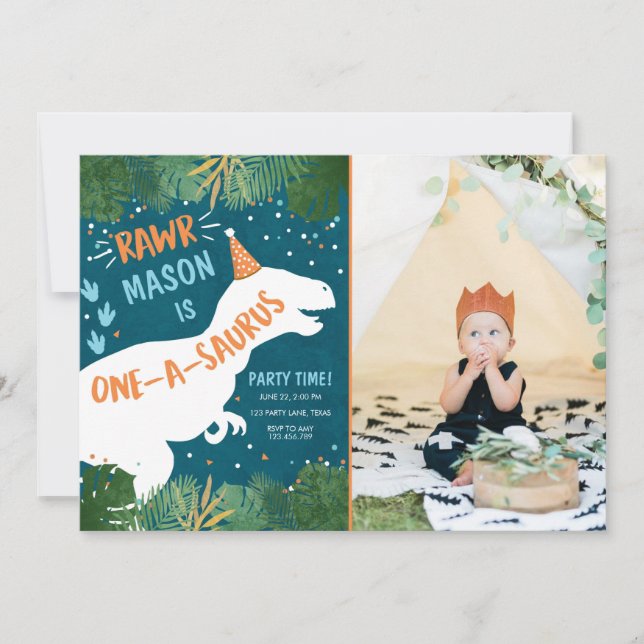 Dinosaur One-A-Saurus RAWR 1. Geburtstag Einladung (Vorderseite)