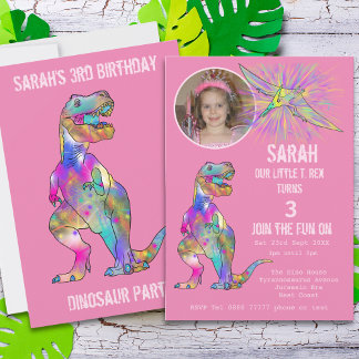 Dinosaur Party Girls 3. Geburtstag Foto Rosa Dino Einladung