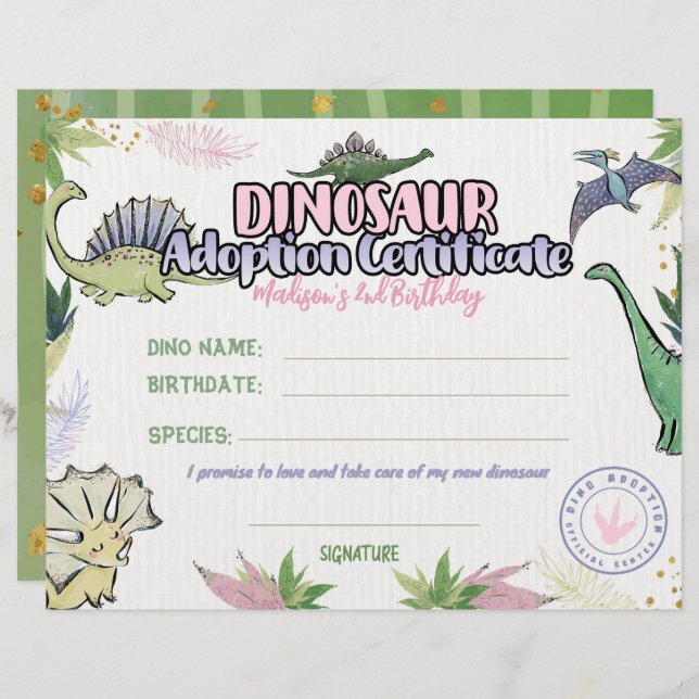 Dinosaur Party Theme, Dino Adoption Certificate (Vorne/Hinten)
