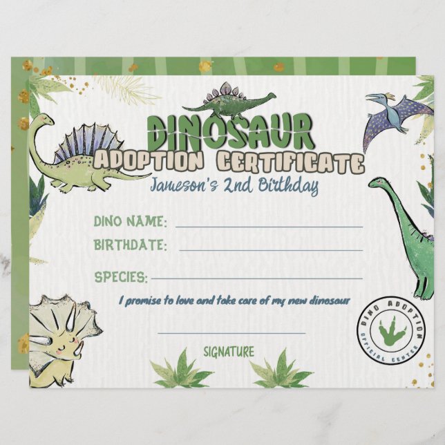 Dinosaur Party Theme, Dino Adoption Certificate (Vorne/Hinten)