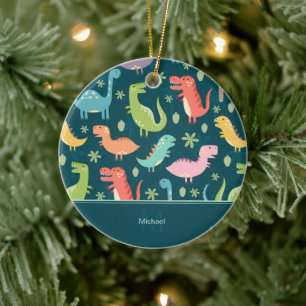 Dinosaur Pattern Blue Kid Monogram Boy Christmas Keramik Ornament