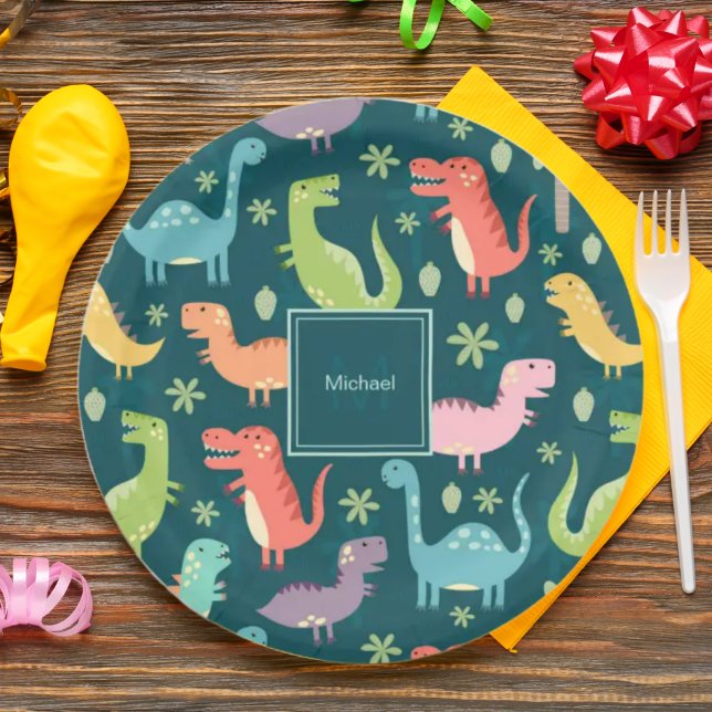 Dinosaur Pattern Blue Mit Monogramm Kid Boy Party Pappteller (Von Creator hochgeladen)