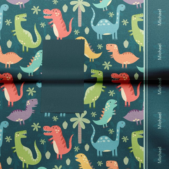 Dinosaur Pattern Blue Mit Monogramm Kid Boy Party Seidenpapier (Von Creator hochgeladen)