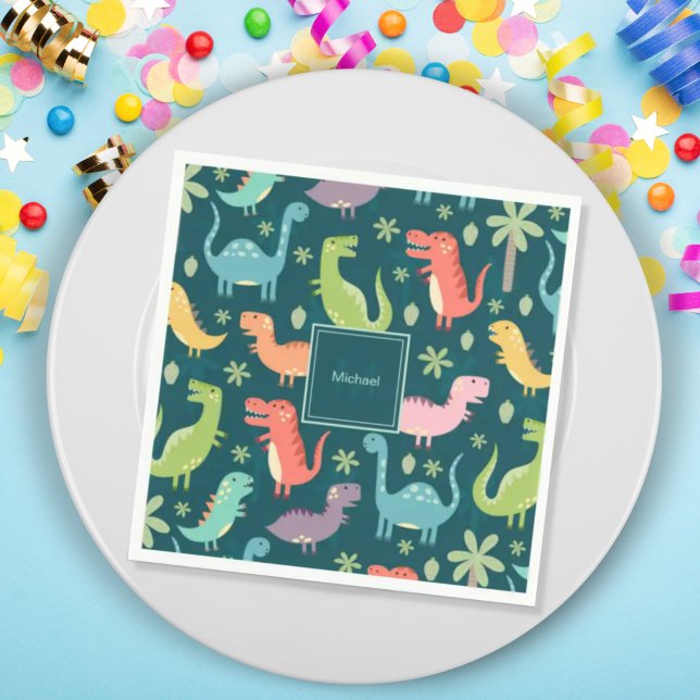 Dinosaur Pattern Blue Mit Monogramm Kid Boy Party Serviette (Von Creator hochgeladen)