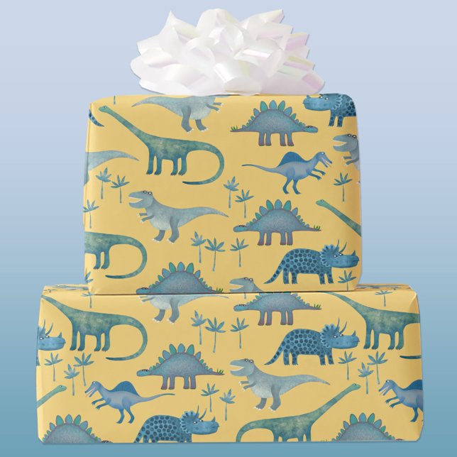 Dinosaur Pattern Yellow Geschenkpapier (Cute and fun dinosaur pattern gift wrapping paper roll)