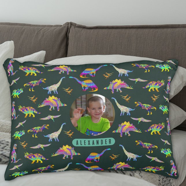 Dinosaur Personalisiert Boys Foto und Name Dekokissen (Colorful Dinosaur pattern personalized name and photo green pillow)