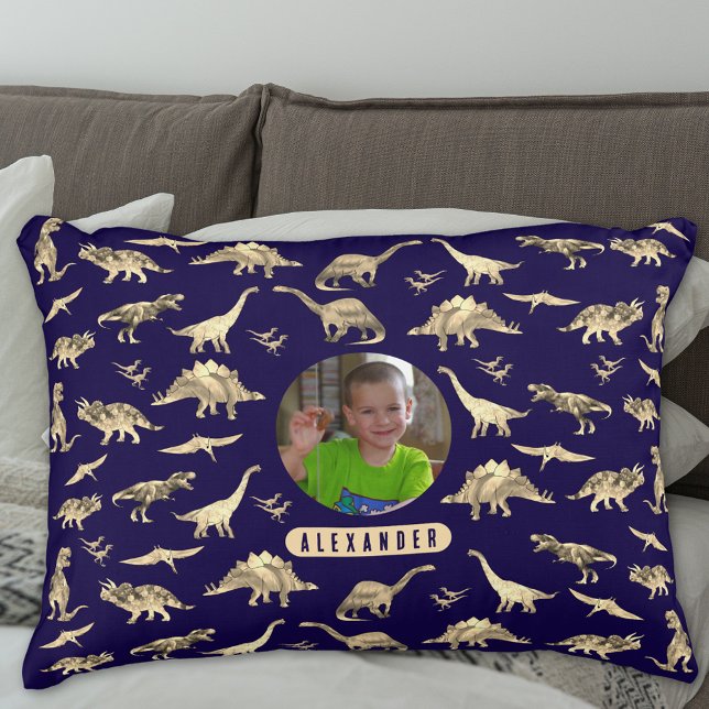 Dinosaur Personalisiert Boys Foto und Name Dekokissen (Dinosaur pattern personalized name and photo boys brown and navy blue pillow T-Rex velociraptor dino)