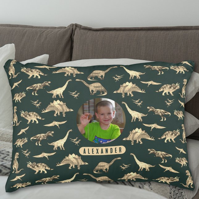 Dinosaur Personalisiert Boys Foto und Name Dekokissen (Dinosaur pattern personalized name and photo boys brown and green pillow T-Rex velociraptor dinos)