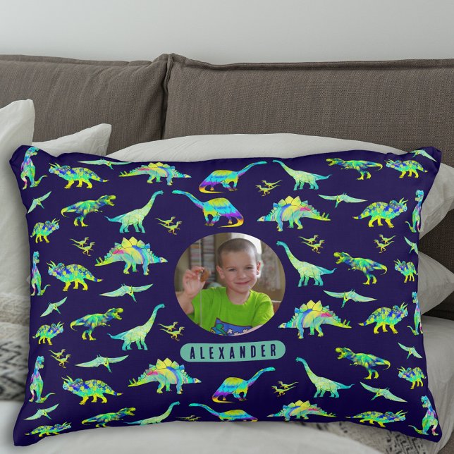 Dinosaur Personalisiert Boys Foto und Name Dekokissen (Colorful dinosaur pattern personalized name and photo boys navy blue and green pillow)