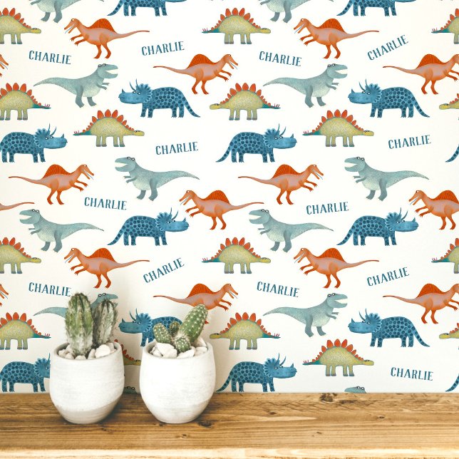 Dinosaur Personalisierter Name Tapete (Fun unique personalized dinosaur wallpaper with child's name for kid's room and nursery)