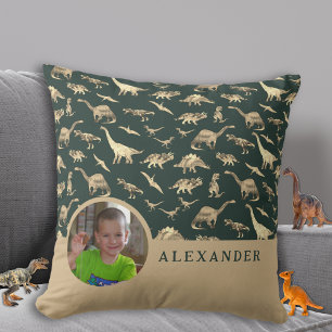 Dinosaur Personalisiertes Foto und Name Grün Kissen