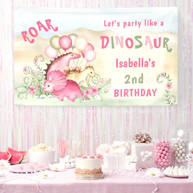 Dinosaur Pink Pastel Niedlich Floral Girl Geburtst Banner (Dinosaur Pink Pastel Cute Floral Girl Birthday Banner)