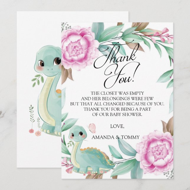 Dinosaur Pink Peony Baby Dusche Danke Karte (Vorne/Hinten)