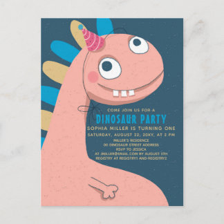 Dinosaur Pink Spaß Niedlich Einfache Kinder 1te Einladungspostkarte