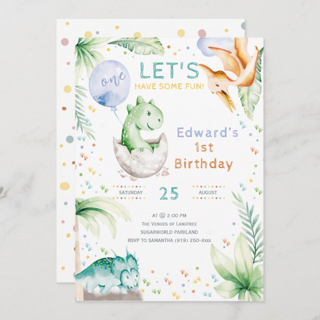 Dinosaur Première invitation d'anniversaire (Devant / Derrière)