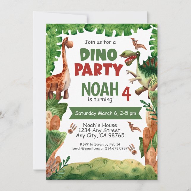 Dinosaur quatrième anniversaire fête Invitation (Devant)