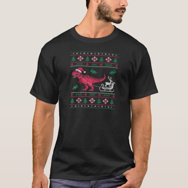 Dinosaur Reindeer Sleigh Ugly Christmas Raglan Bas T-Shirt (Vorderseite)