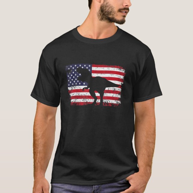 Dinosaur Rex American Flag 4. Juli Männer Frauen B T-Shirt (Vorderseite)