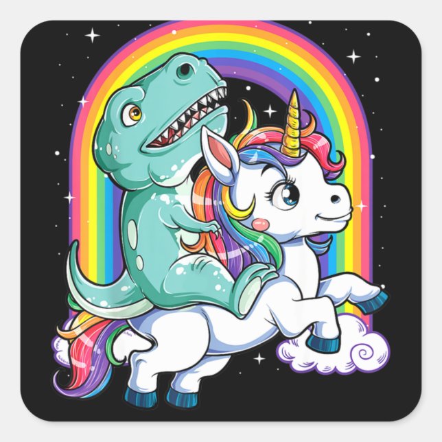 Dinosaur Riding Unicorn Kids Rainbow Quadratischer Aufkleber (Vorderseite)