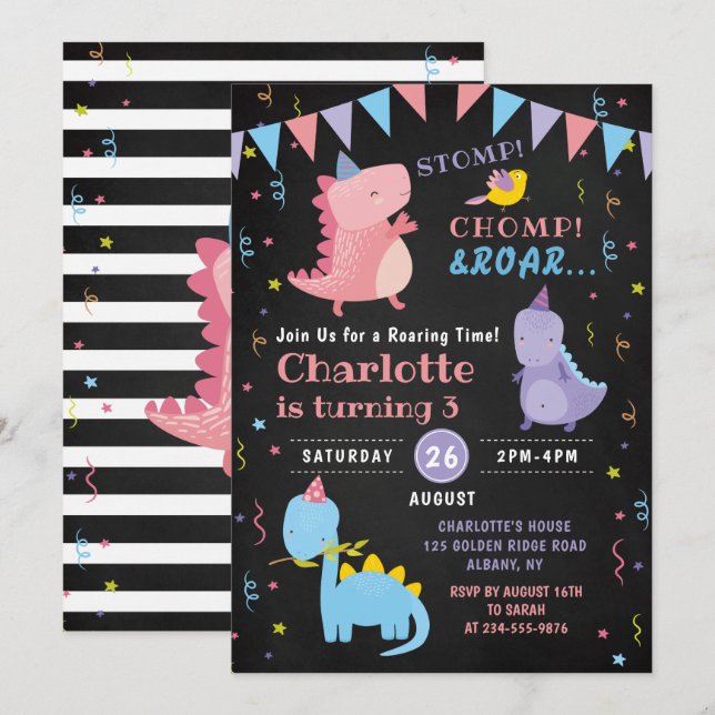 Dinosaur Roar Birthday Chalkboard Girls Dino Party Einladung (Vorne/Hinten)