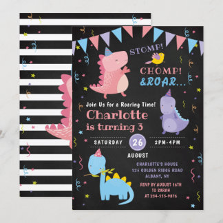 Dinosaur Roar Birthday Chalkboard Girls Dino Party Einladung
