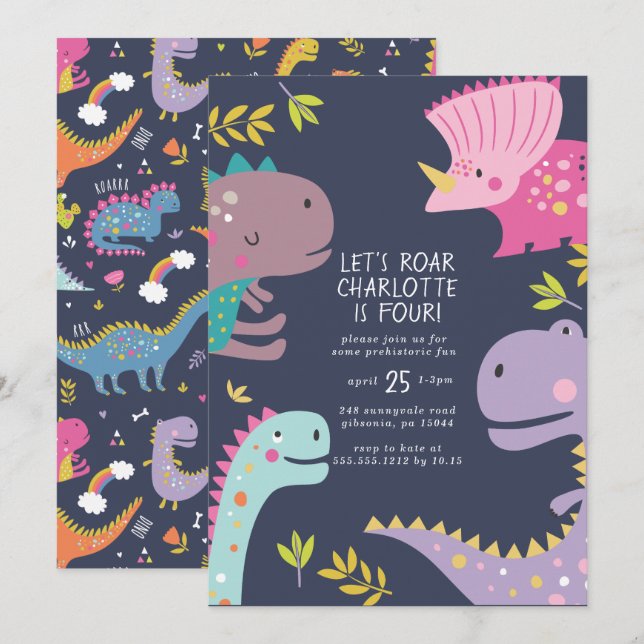 Dinosaur Roar Girls Geburtstag Lila Einladung (Vorne/Hinten)