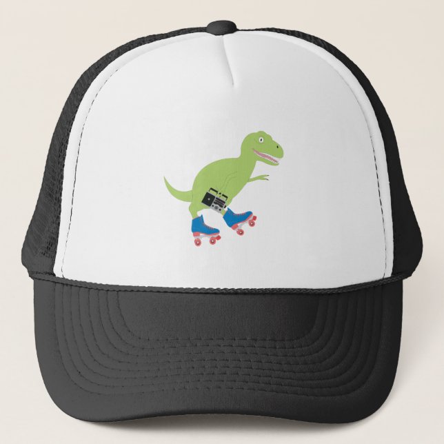 Dinosaur Roller Skaten Holding Radio Truckerkappe (Vorderseite)