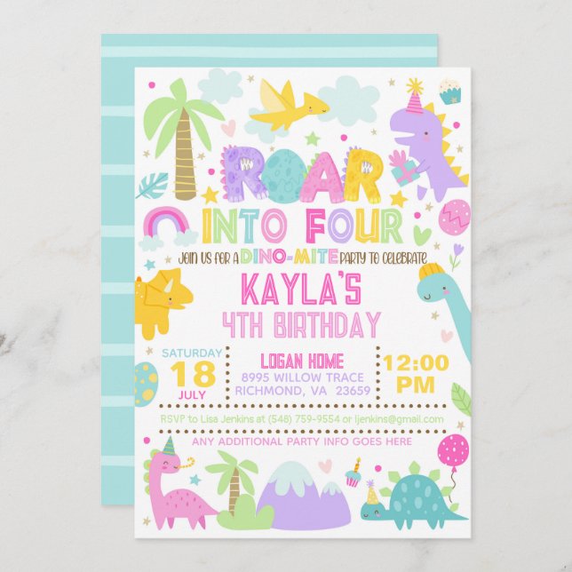 Dinosaur rugit dans quatre Invitation de 4e annive (Devant / Derrière)