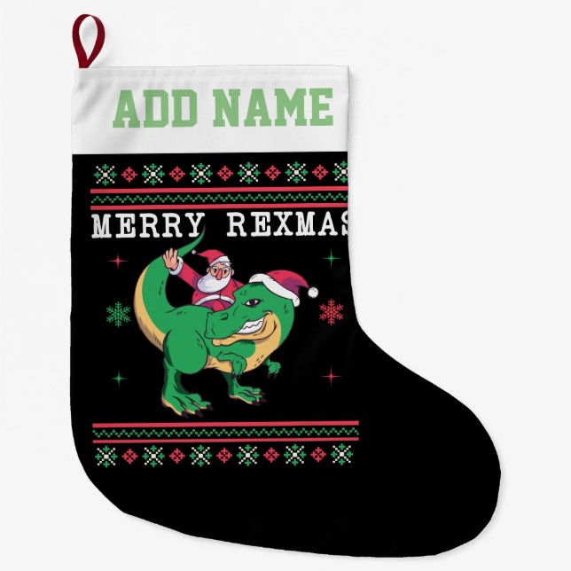 Dinosaur Santa T-Rex Ugly Christmas Sweater Großer Weihnachtsstrumpf (Vorderseite)