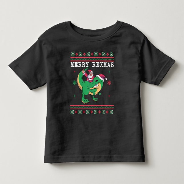 Dinosaur Santa T-Rex Ugly Christmas Sweater Kleinkind T-shirt (Vorderseite)