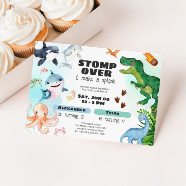 Dinosaur & Shark Under the Sea Sibling Birthday Einladung (Sharks & Dinosaur Birthday Party Invite)