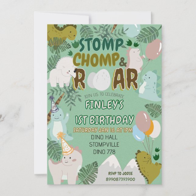 Dinosaur stomp chomp and roar birthday invitation  (Vorderseite)