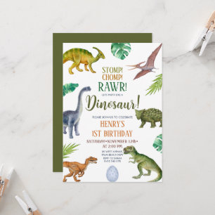 Dinosaur Stomp Chomp Rawr 1. Geburtstag Junge Part Einladung