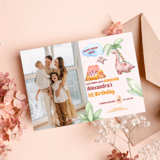 Dinosaur Stomp Chomp Rawr 1. Geburtstag Party Mädc Einladung