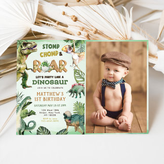 Dinosaur Stomp Chomp Roar 1. Geburtstag Party Foto Einladung