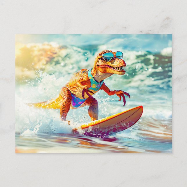 Dinosaur surfing Big Wave Feiertagspostkarte (Vorderseite)