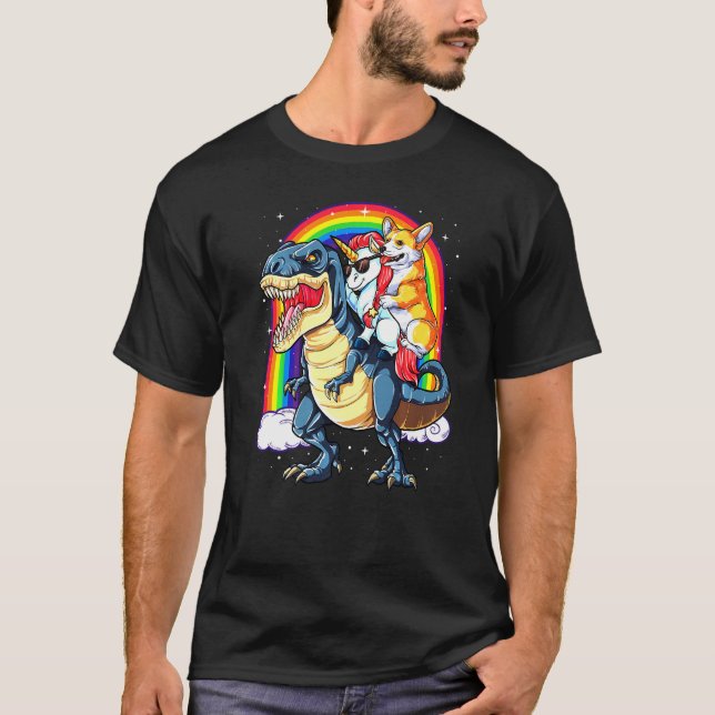 Dinosaur T Rex Boys Girls Rainbow Corgi T-Shirt (Vorderseite)