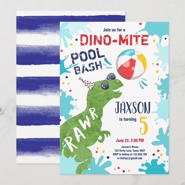 Dinosaur T-Rex Dino Mite Pool Bash Boy Blue Party Einladung (Vorne/Hinten)