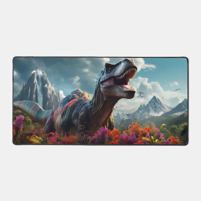 Dinosaur T-Rex Dino Stormy Mountains Desk Mat (Recto)