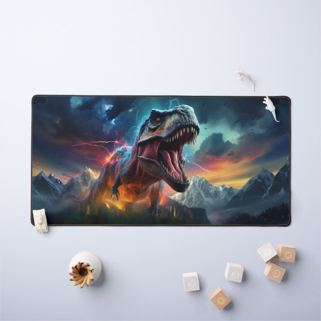 Dinosaur T-Rex Dino Stormy Mountains Schreibtischunterlage (Kindertisch)