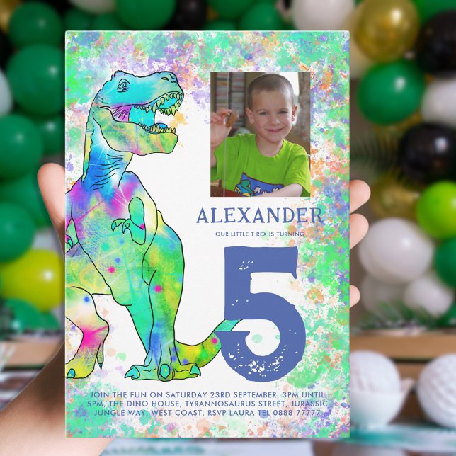 Dinosaur T-Rex Geburtstagsparty Foto Einladung (T-rex colorful dinosaur custom photo 5th birthday party invitation blue and green watercolor)
