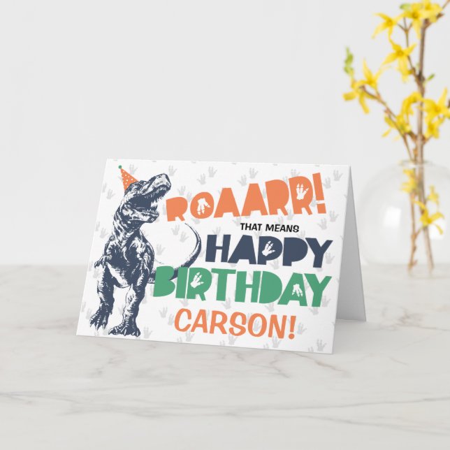 Dinosaur T-Rex in Party Happy Birthday Karte (Gelbe Blume)
