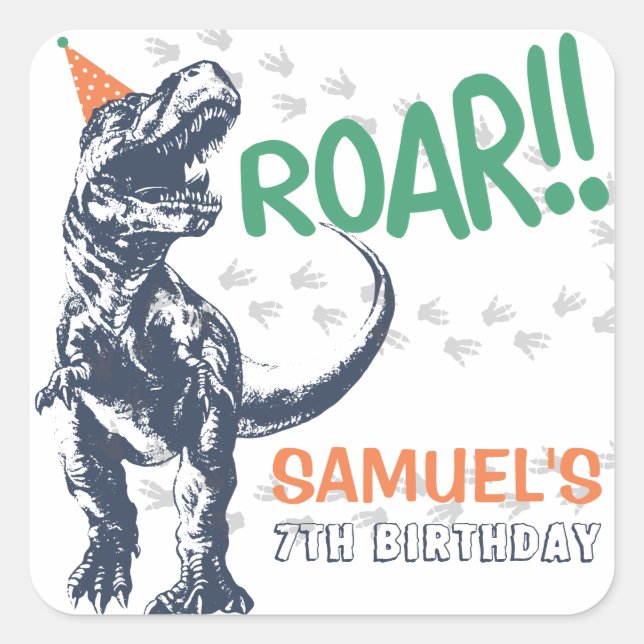 Dinosaur T-Rex in Party Hat Birthday Party Quadratischer Aufkleber (Vorderseite)