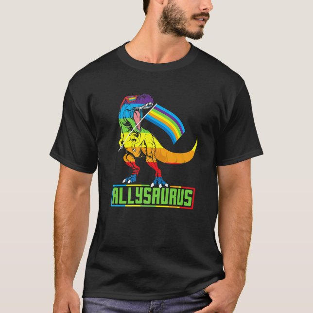 Dinosaur T Rex LGBT Gay Pride Flag Allysaurus Alle T-Shirt (Vorderseite)